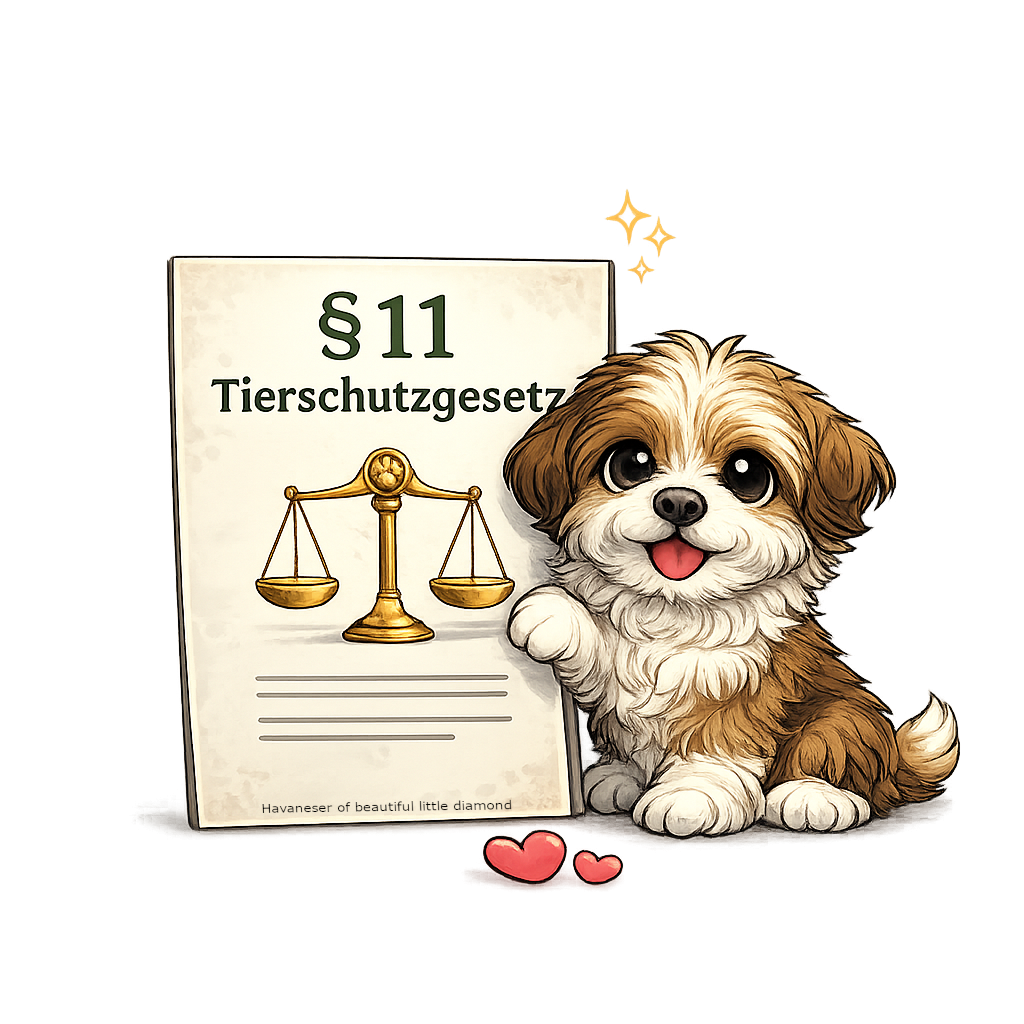 Welpe mit §11 Ein süßer Hund präsentiert das Tierschutzgesetz § 11 mit einer Waage.