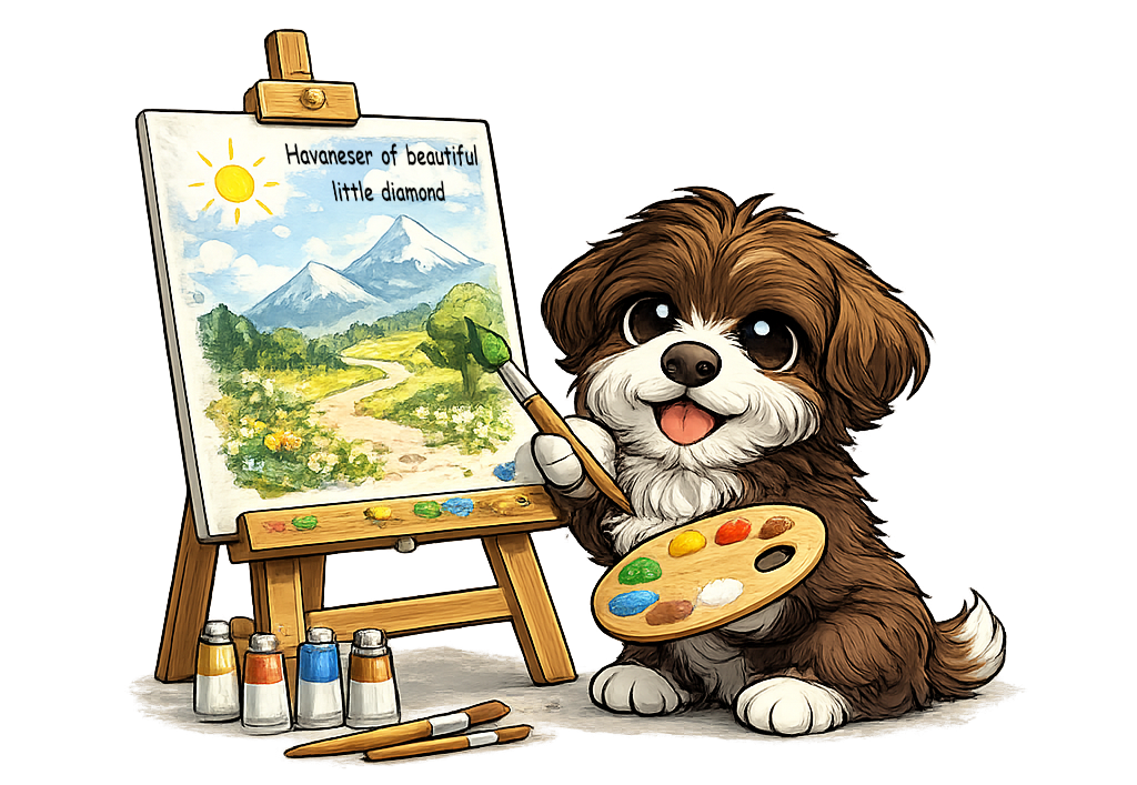 Welpe mit Leinwand Ein niedlicher Hund malt eine Landschaft auf einer Leinwand mit Farbpalette.