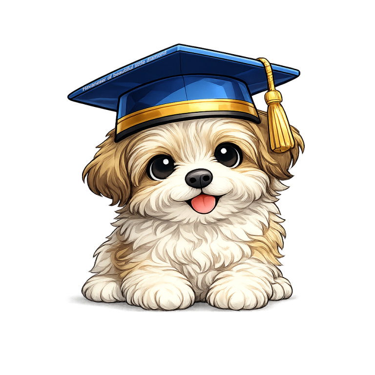 Schulungen Ein niedlicher Hund mit einem Abschluss Hut lächelt freundlich.